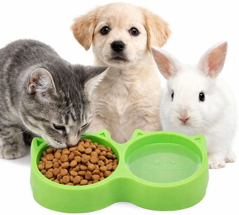FONDLE Adorable Dual Cat-Face Pet Feeding Bowl for Food & Water Plastic Pet Bowl(600 ml Green)