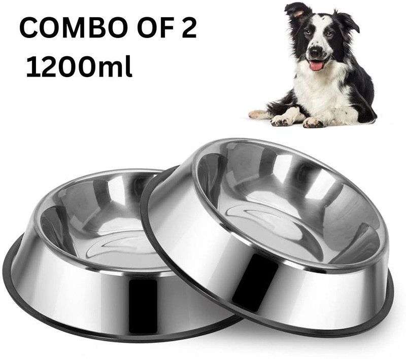 CottonCat Dog And Cat Stainless Steel Food Water Bowl Pack Of 2, Anti-Skid, Rust-Proof Steel Pet Bowl(800 ml Silver)