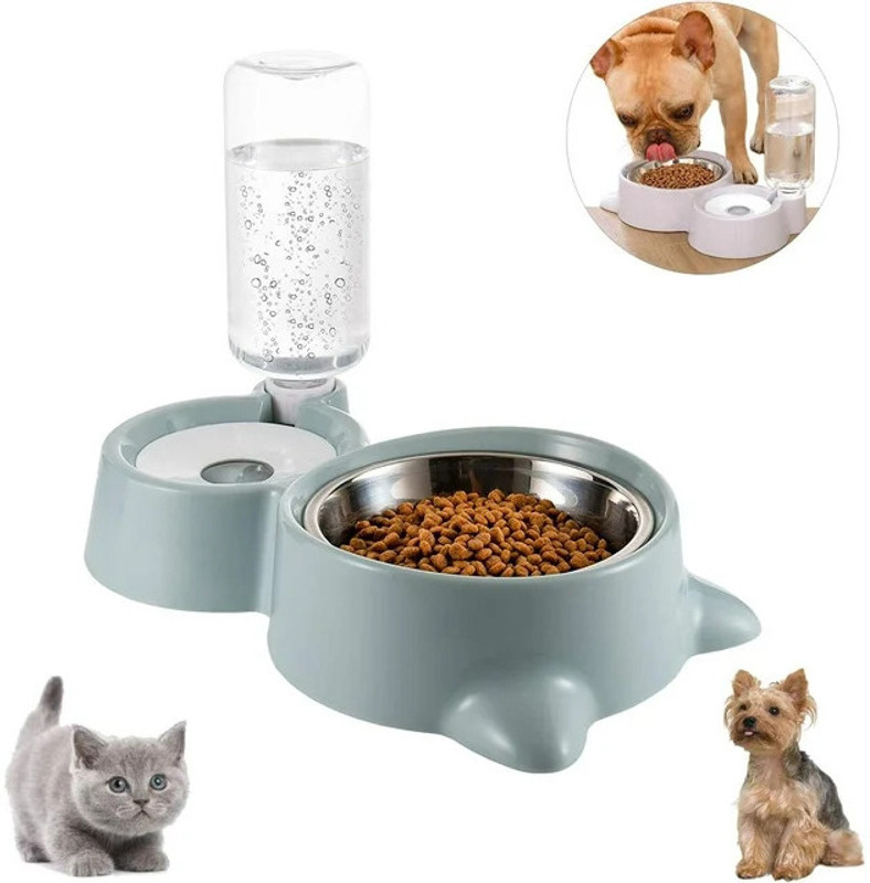 Conziv 2-in-1 Cat Dog Feeding Bowl with Automatic Water Dispenser Stainless Steel Plastic Pet Bowl & Bottle(500 ml Blue)