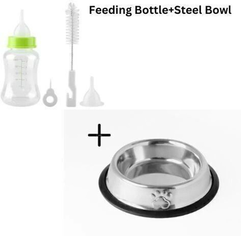 Infinite Paradise PET FUN Combo: 150ml Feeding Bottle, Cleaning Brush & Plastic, Stainless Steel Pet Bowl & Bottle(150 ml Silver, Green, Pink)