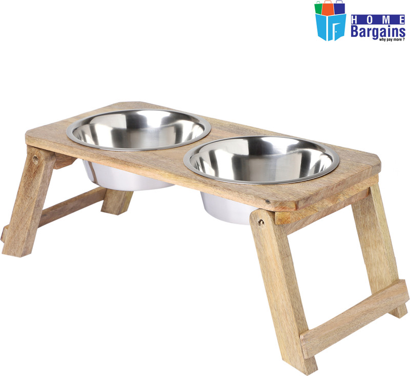 Home Bargains Dog Food and Water Bowl With Wood Stand Steel Pet bowl for Large Dog Wooden, Stainless Steel Pet Bowl(1400 ml Silver, Multicolor)