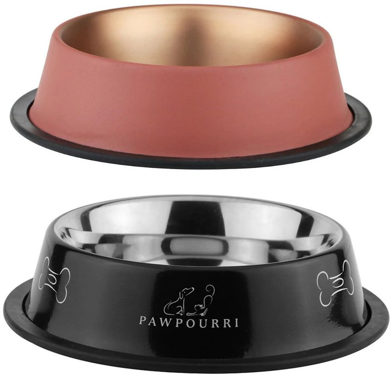 PAWPOURRI Combo of Premium Anti-Skid Feeding Bowls for Dogs, cats & Puppy Pet Bowl pack 2 Stainless Steel Pet Bowl(Each 700 ml Grey, Orange)