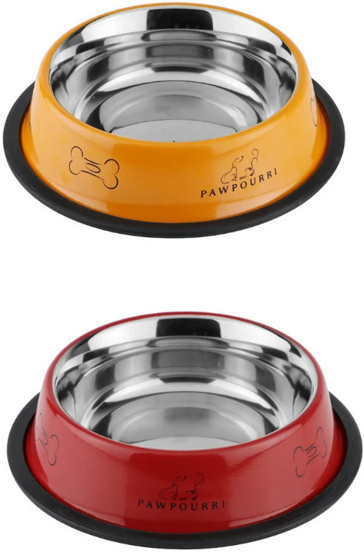 PAWPOURRI Combo of Anti-Skid Feeding Bowls for Dogs, cats & Puppy Pet Bowl pack 2 Stainless Steel Pet Bowl(950+700 ml Orange, Black)