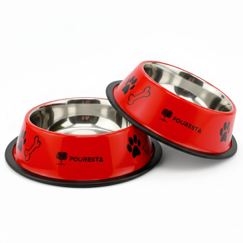 FOURESTA Anti Skid Round Pet Bowl Combo (700 ml Each) Stainless Steel Pet Bowl(700 ml Red)