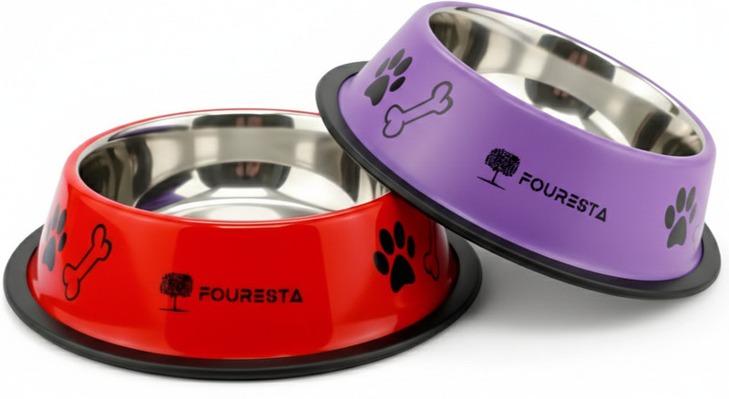 FOURESTA Dog Bowl 710 ML Stainless steel Anti Skid Bowl for Dogs and Pts ROUND Stainless Steel Pet Bowl(710 ml Red, Purple)