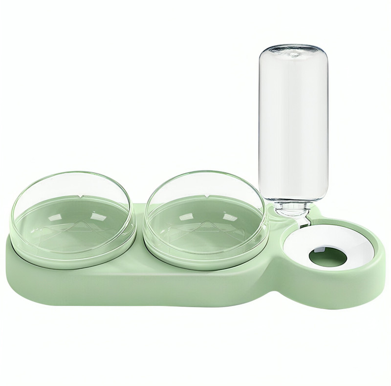 BIYALI 3 in 1 Cat Food & Water Dispenser Bowls,15°Tilt &360° Rotatable Double Food Bowl Plastic Pet Bowl & Bottle(500 ml Green)
