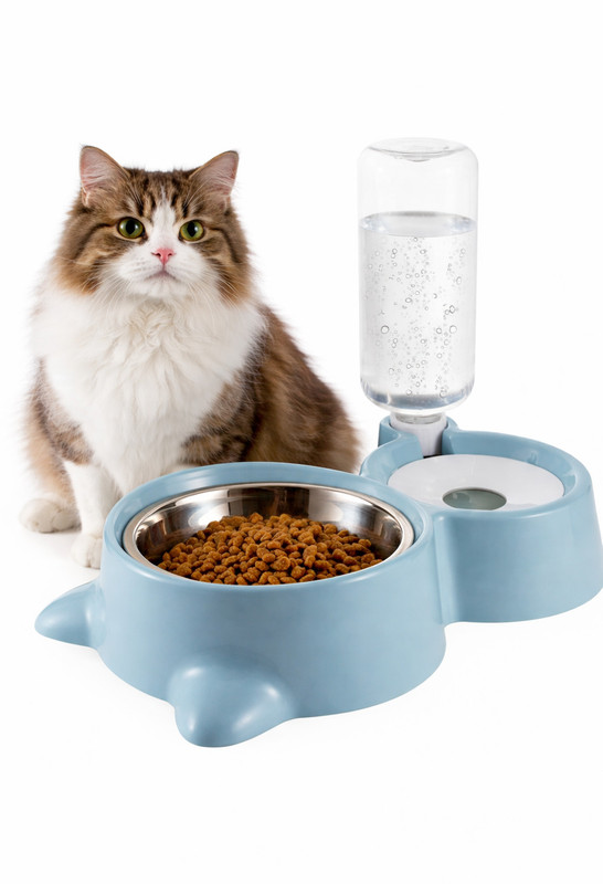 Conziv 2 in 1 Pet Food&Water Feeder with 500ml Bottle, Stainless Steel Bowl,Cats & Dogs Plastic Pet Bowl & Bottle(500 ml Blue)