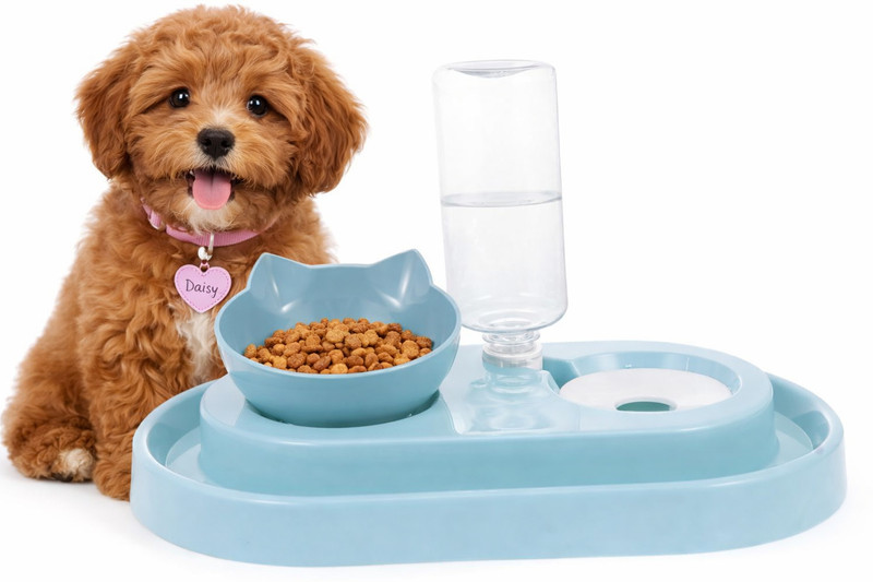 Maharaj Mall Double Dog Bowls , Water and Food Bowl Set with Detachable Stainless Steel Bowl Plastic Pet Bowl & Bottle(500 ml Blue)
