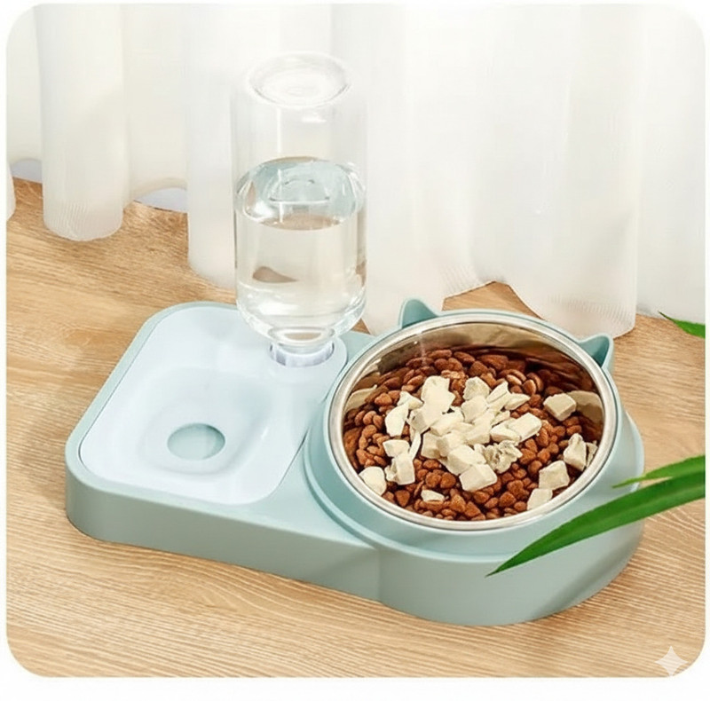 Maharaj Mall Dual Pets Bowls, Automatic Water Dispenser and Stainless Steel Bowl for Dogs Plastic Pet Bowl & Bottle(500 ml Blue)