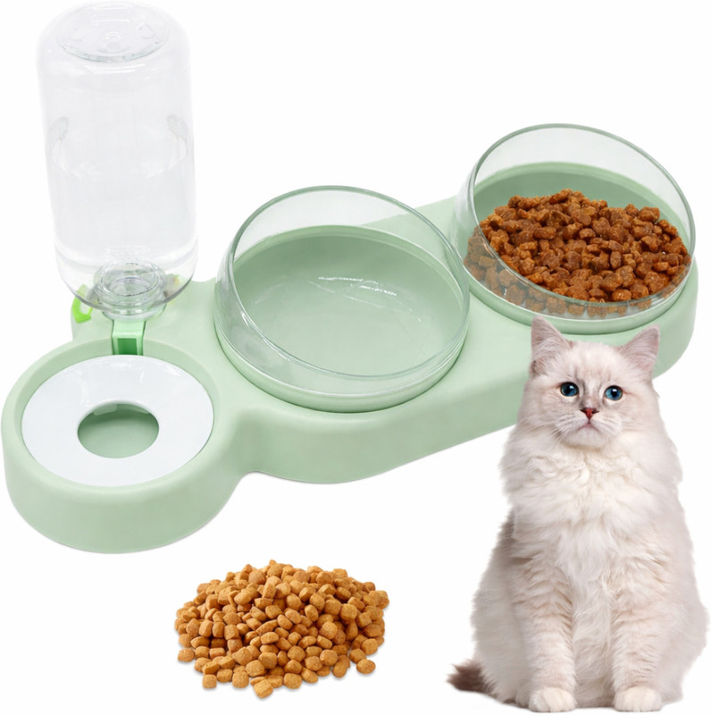 BIYALI 3 in 1 Cat Food & Water Dispenser Bowls,15°Tilt &360° Rotatable Double Food Bowl Plastic Pet Bowl & Bottle(500 ml Green)