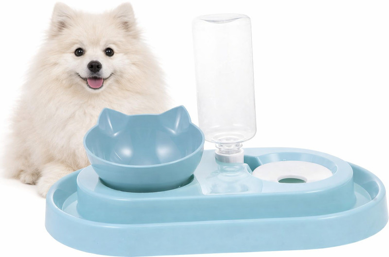 Maharaj Mall Cat-Shaped Pet Feeding Bowl with Gravity-Fed Water Dispenser, Lightweight Design Plastic Pet Bowl & Bottle(500 ml Blue)