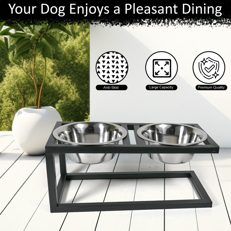 Naaz Pet Adjustable Double Bowl Dog Feeding Stand | Stainless Steel Pet Food & Water Bowl Steel, Iron Pet Bowl(900 ml Black, Silver)