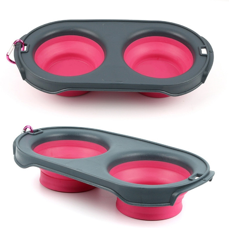 Q D Foldable 2 in 1 Pet Food Water Collapsible Portable Expandable Travel Bowl Dog Plastic, Silicone Pet Bowl(650 ml Pink, Black)