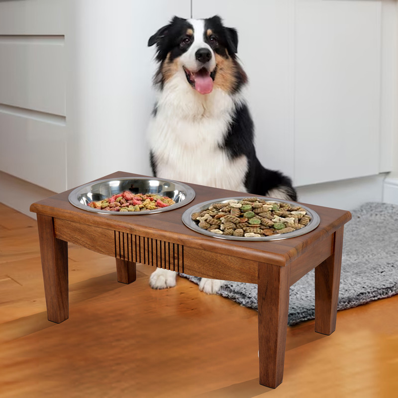 Pure Souls Skye Pet Feeder, Acacia Wood Dog Stand with Stainless Steel Dog Bowls, Medium Wooden Pet Bowl(950 ml Brown)