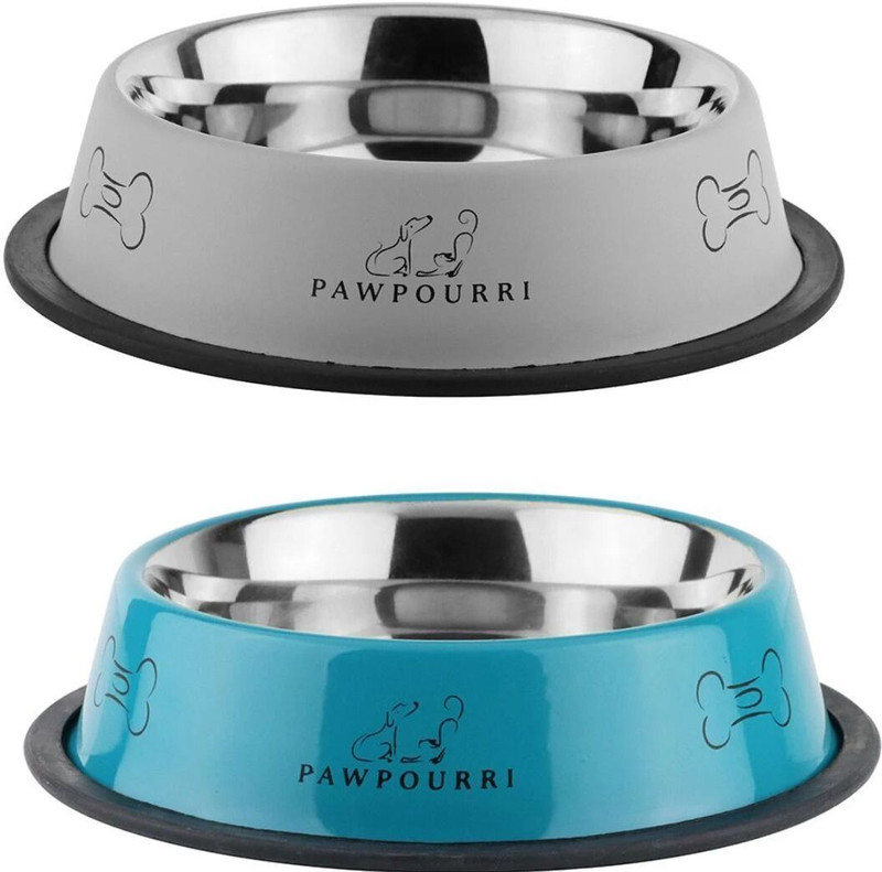 PAWPOURRI Combo of Premium Anti-Skid Feeding Bowls for Dogs, cats & Puppy Pet Bowl pack 2 Stainless Steel Pet Bowl(Each 700 ml Blue, Black)