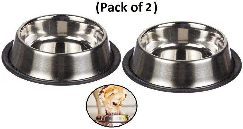 Breedo Dog Bowl (Pack of 2) Super Premium Anti Skid Scratch Proof Bowl Round (750 ml) Steel Pet Bowl(750 ml ml Silver)
