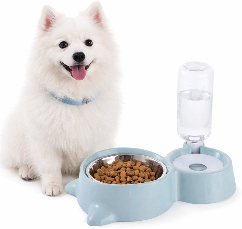 Conziv Double Bowl Dog Cat Feeder with Automatic Water Bottle & Stainless Steel Bowl Plastic Pet Bowl & Bottle(500 ml Blue)