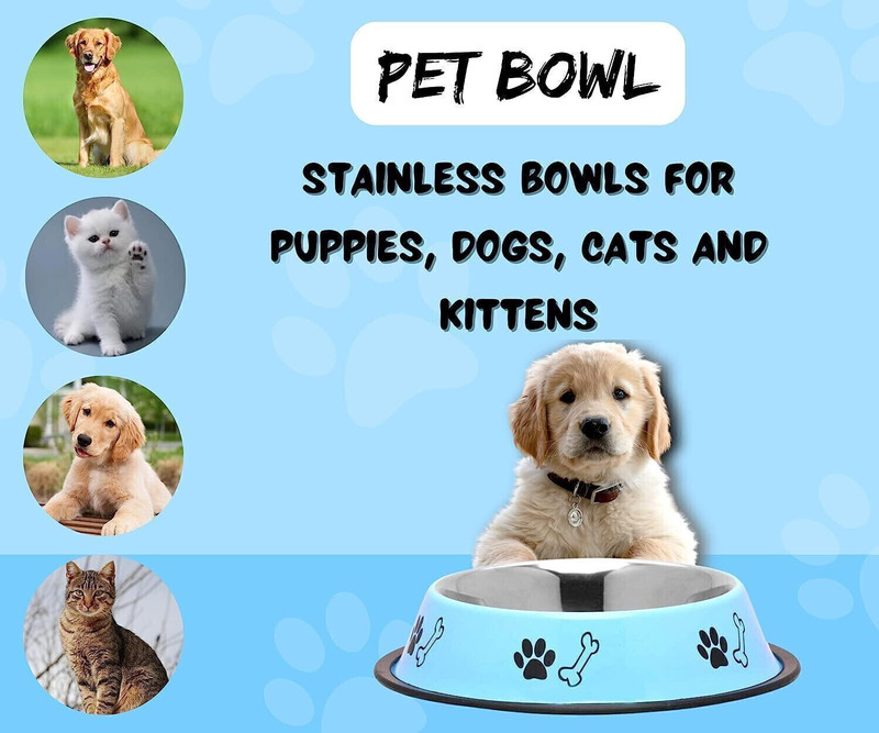 Petfun Printed Stainless Steel Dog Feeding Bowl | Fun Design, Non-Slip Base Stainless Steel Pet Bowl(700 ml Light Blue)