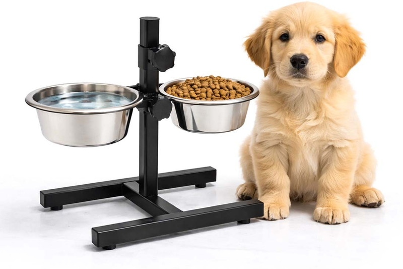 Rvpaws Adjustable Height Double Dog Bowl Stand with 2 Stainless Steel Bowls for Puppies Iron Pet Bowl(900 ml Black)