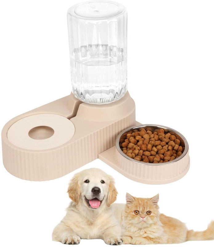 HOMETIC 2 in 1 Automatic Pet Feeder and Water Dispenser Plastic, Stainless Steel Pet Bowl & Bottle(450 ml Beige)