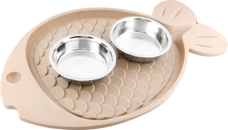Animax Anti Skid Fish Shape Tray with Bowl Specially for Cat Fish Stainless Steel Pet Bowl(250 ml Blue)
