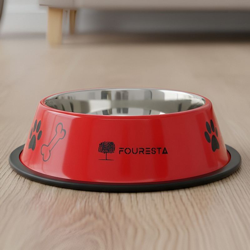 FOURESTA Pet Bowl 800ml Round Stainless Steel Feeding Bowl for Dogs and Cats (Red) Stainless Steel Pet Bowl(800 ml Red)