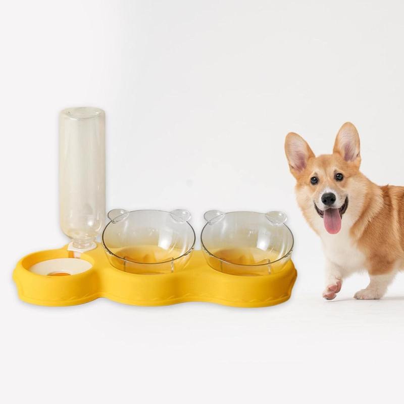 LEKORED 3 in 1 Double Bowl Automatic Pet Feeder Water Dispenser Plastic Pet Bowl & Bottle(750 ml Yellow)