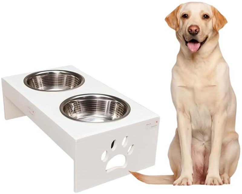 AR SABRI SHOPEE ARIF RAO Wooden Elevated Raised Pet Feeding Stand Anti-Slip Dog Food & Water Bowl Holder Stainless Steel Pet Bowl(1 L White)