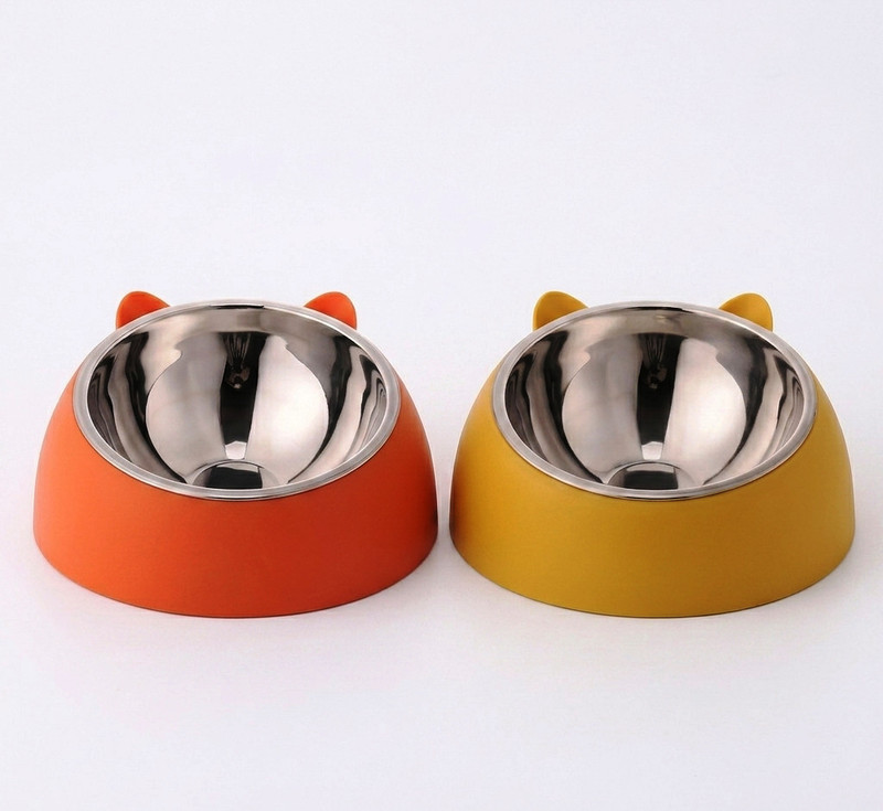 SYAPSI Cute Cat Ear Pet Bowl–Food & Water Bowl for Dogs & Cats 2 pcs Plastic, Stainless Steel Pet Bowl(750 ml Orange, Yellow)