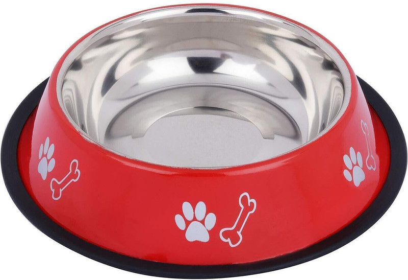 Petfun Stainless Steel Printed Dog Anti Skid Food Water Feeding Bowl for Dogs-PACK OF 2 Stainless Steel Pet Bowl(450 ml Silver, Red)