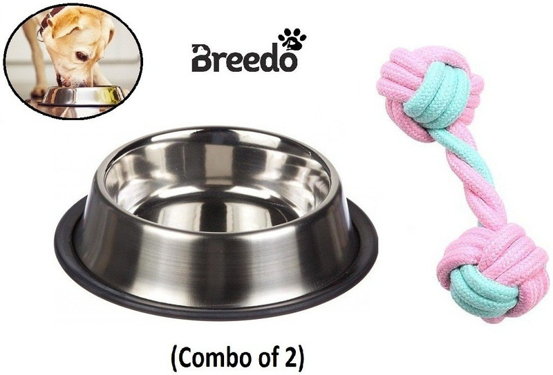 Breedo Dog Bowl (Combo of 2) Bowl + Dumble Toy Anti Skid Bowl Scratch Proof (750 ml) Steel Pet Bowl(750 ml ml Silver)