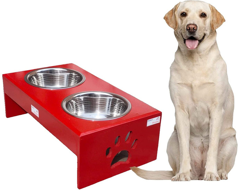 AG Shopee Premium Large Dog Bowl with Iron Stand Stainless Steel, Wooden Pet Bowl(100 ml Red)