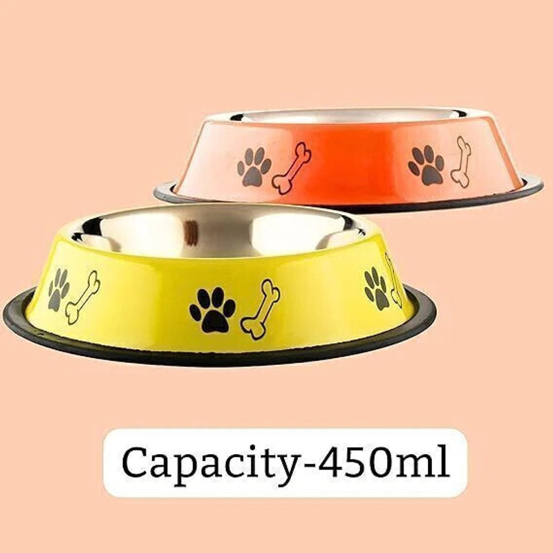 Petfun 2 Stainless Steel Bone Printed Food Water Feeding Bowl for Dog & Cat(PACK OF 2), Stainless Steel Pet Bowl(450 ml Orange, Yellow)