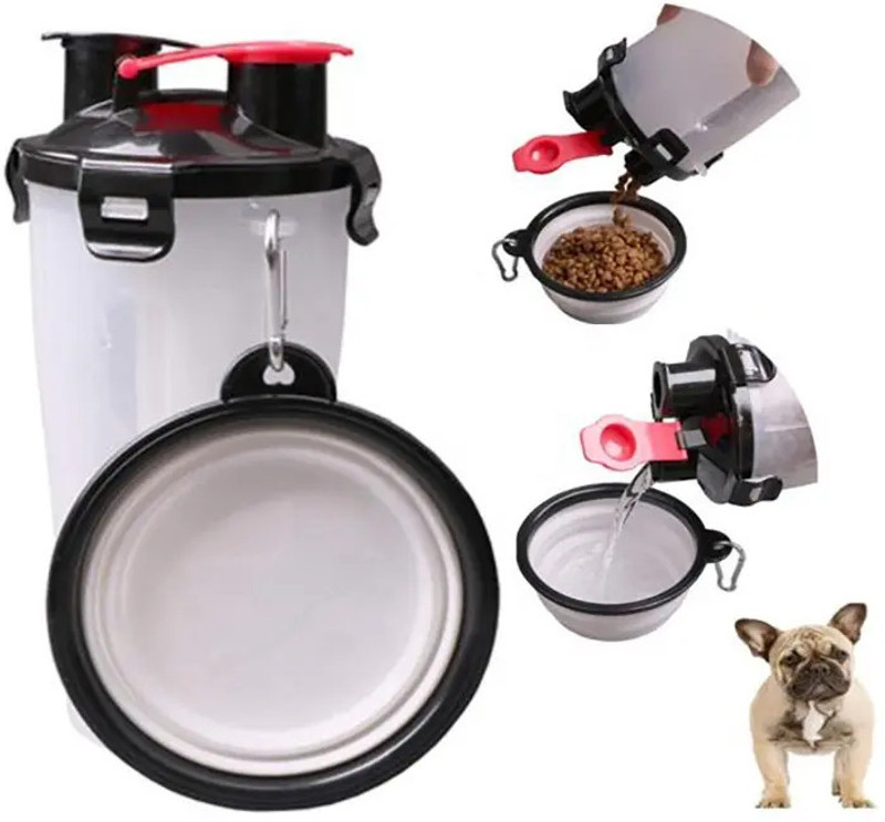 GNS PETS 2-in-1 Portable Dog Food & Water Bottle with Collapsible Bow Travel Pet Feeder Plastic Pet Bowl & Bottle(350 ml White)
