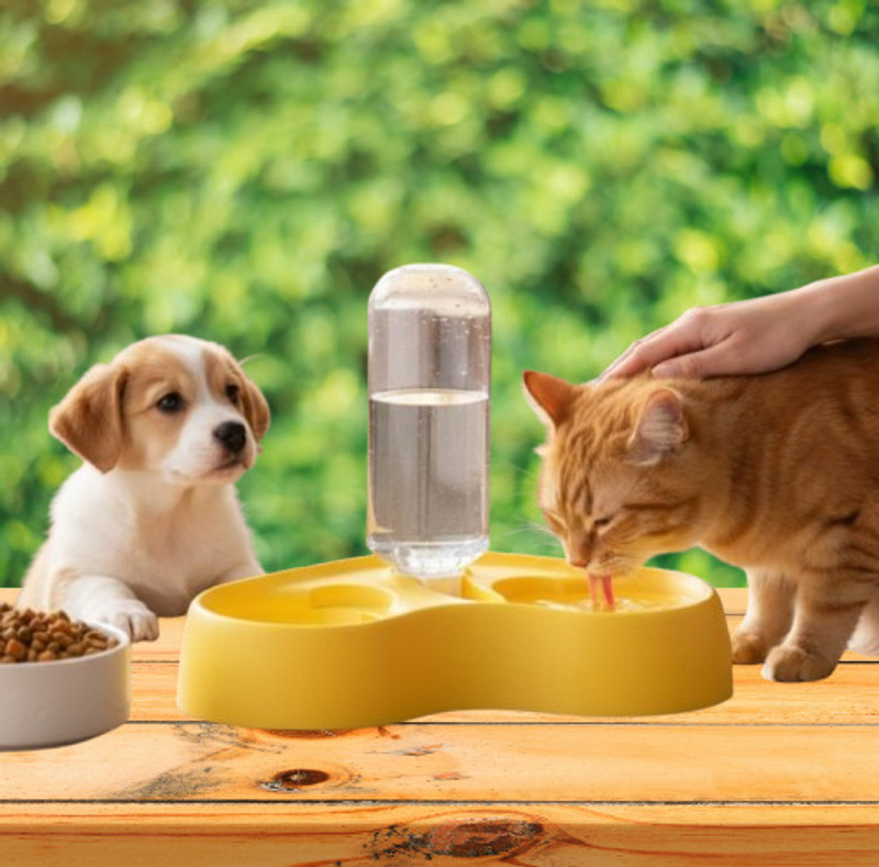 EXCECAR Automatic Pet Water Dispenser With Gravity Bottle System &Dual Food Bowl Station Plastic Pet Bowl & Bottle(1 ml Yellow)