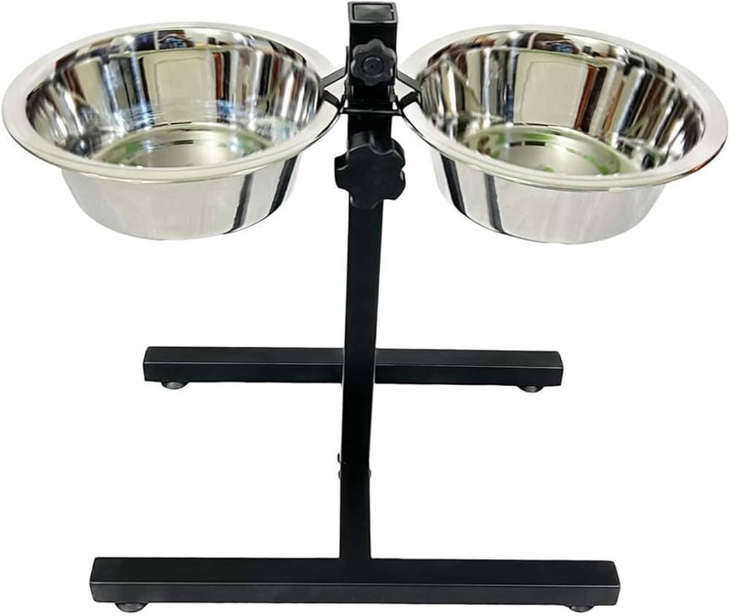 Naaz Pet Dog Feeding Bowl Adjustable Stainless Steel Double Diner Stand Bowls Food Feeding Pet Dog Bowls 900mlx2 Iron, Silver Pet Bowl(900 ml Black, Silver)