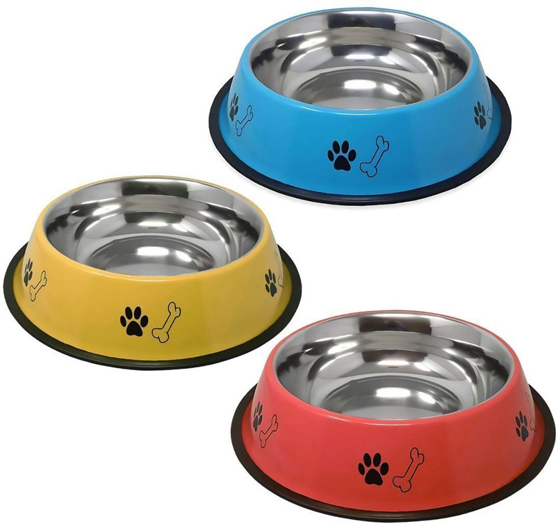 Infinite Paradise Stainless Steel Printed Dog Anti Skid Food Feeding Bowl for Dogs (Pack OF 3) Stainless Steel Pet Bowl(250 ml Orange, Blue, Yellow)