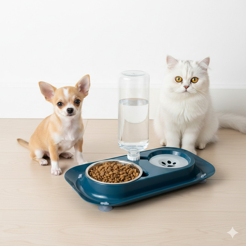 Maharaj Mall 2-in-1 Pet Feeder with Auto Water Dispenser & Stainless Steel Bowl For Puppies Plastic Pet Bowl & Bottle(500 ml Grey)