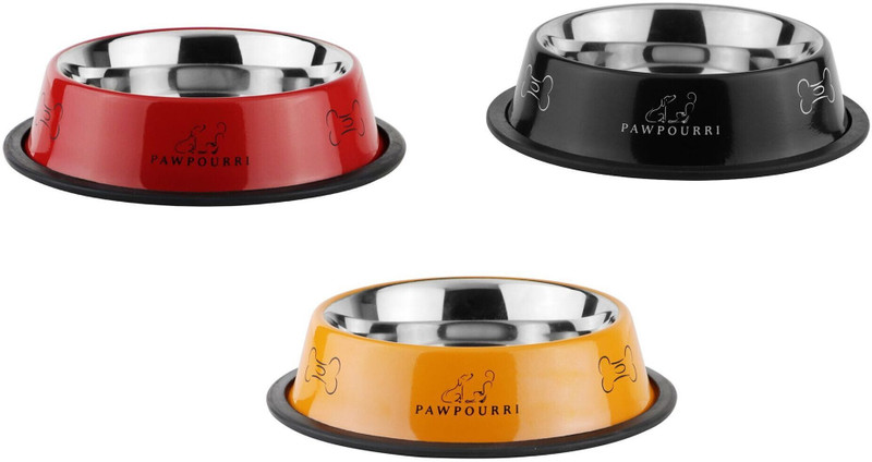 PAWPOURRI Combo of Anti-Skid Feeding Bowls for Dogs, cats & Puppy Pet Bowl pack 2 Stainless Steel Pet Bowl(700 ml Orange, Black)