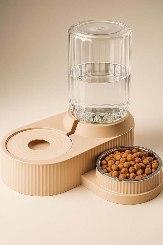 AQUABUCKET Wet and Dry Food Bowl with Automatic Water Flowing Dispenser Bottle Plastic Pet Bowl & Bottle(500 ml Beige)