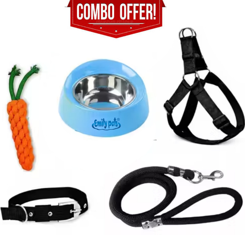 Emily Pets Dog Collar, Harness & Leash Set with Rope Toy & Feeding Bowl Melamine Pet Bowl(300 ml Blue)