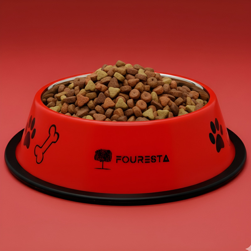 FOURESTA Dog Bowl 600 ml Round Stainless Steel Food Water Feeding Bowl for Dogs (Red) Stainless Steel Pet Bowl(600 ml Red)