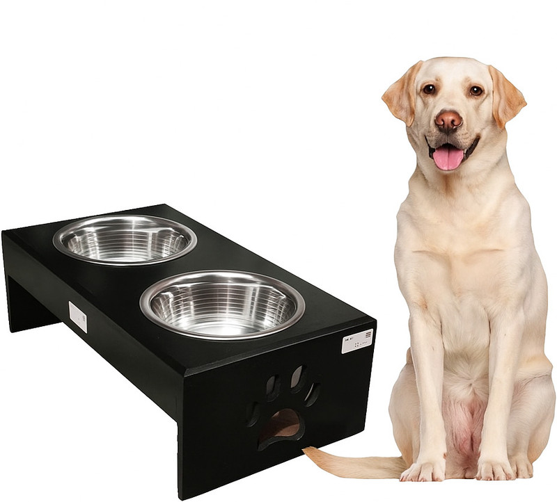 RIOZAIN Elevated Wooden Dog Feeder Stand Stainless Steel Pet Bowl(1 L Black)
