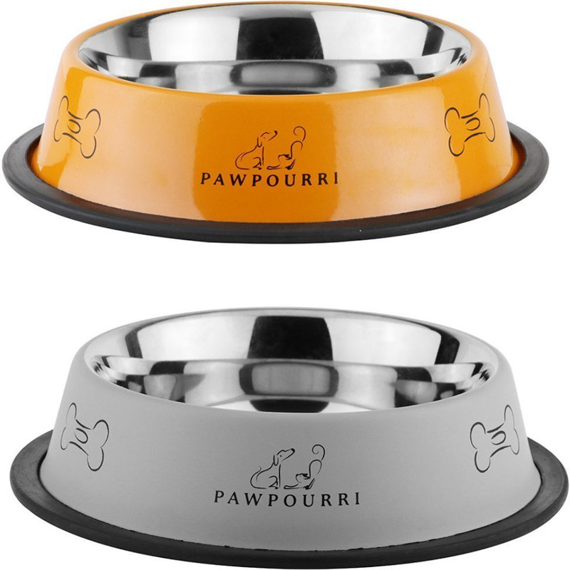 PAWPOURRI Combo of Premium Anti-Skid Feeding Bowls for Dogs, cats & Puppy Pet Bowl pack 2 Stainless Steel Pet Bowl(Each 700 ml Grey, Orange)