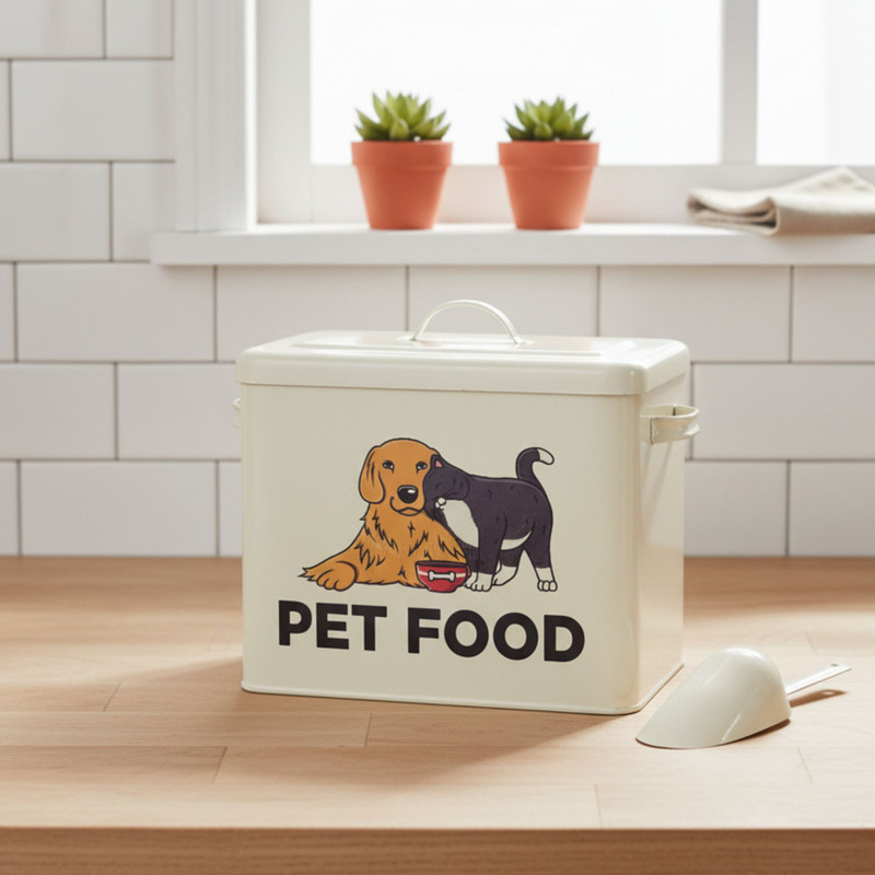 METALTAIL Pet Food Storage Container | Airtight Dog & Cat Food Bin with Lid & Handle Steel Pet Bowl(2 L White)