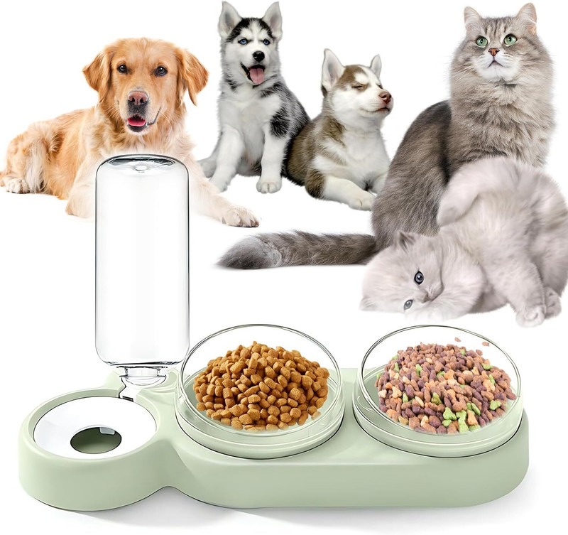 SAMVAT 3-In-1 Food Water Bowl Set, 360° Rotatable Cat Bowls with Water Dispenser Polypropylene Pet Bowl & Bottle(500 ml Green)
