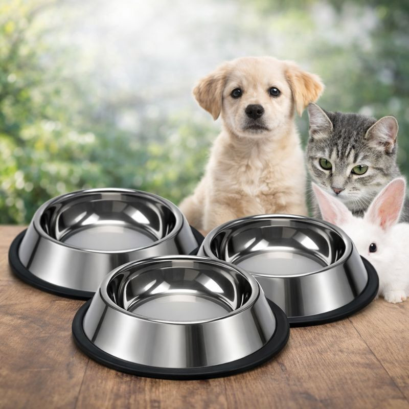 FONDLE Premium 3-Piece Stainless Steel Pet Bowl Set for Food and Water Stainless Steel Pet Bowl(500 ml Steel)