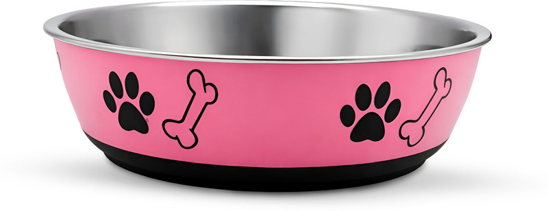 Tromso Pets Feeding Bowl for Dogs & Cats | Anti-Skid Paw & Bone Printed Stainless Steel Pet Bowl(875 ml Pink)