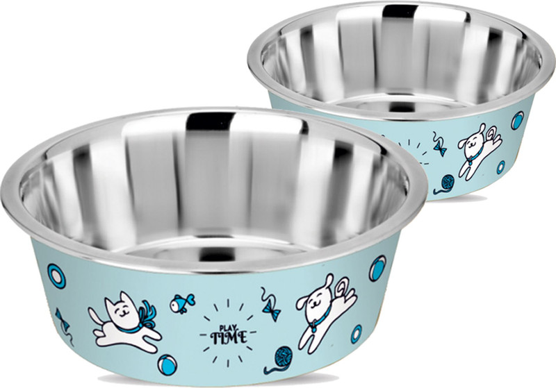 Happinesque Dog Bowls | Feeding Bowls for Dogs, Anti Skid Dog Water Bowl | (Playtime Print) Stainless Steel Pet Bowl(Pack of 2 X 400 ml Light Blue)