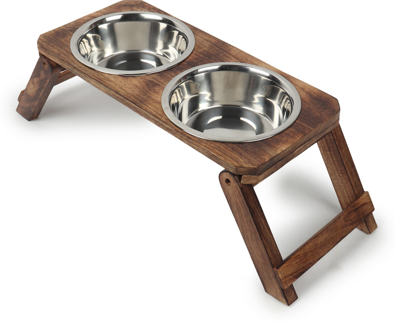 Home Bargains Double Bowl Wooden Elevated Pet Feeder Stand with Stainless Steel Bowls| Wooden Pet Bowl(900 ml Brown)